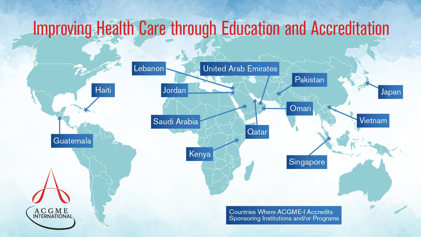 A map of the world showing countries accredited by the ACGME